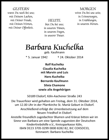 Anzeige von Barbara Kuchelka von Kölner Stadt-Anzeiger / Kölnische Rundschau / Express