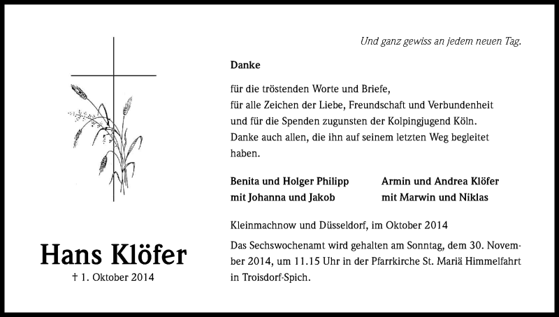  Traueranzeige für Hans Klöfer vom 31.10.2014 aus Kölner Stadt-Anzeiger / Kölnische Rundschau / Express