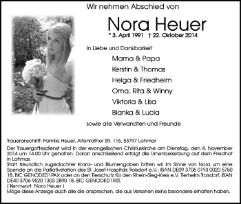 Anzeige von Nora Heuer von Kölner Stadt-Anzeiger / Kölnische Rundschau / Express