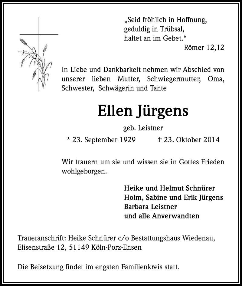  Traueranzeige für Ellen Jürgens vom 29.10.2014 aus Kölner Stadt-Anzeiger / Kölnische Rundschau / Express