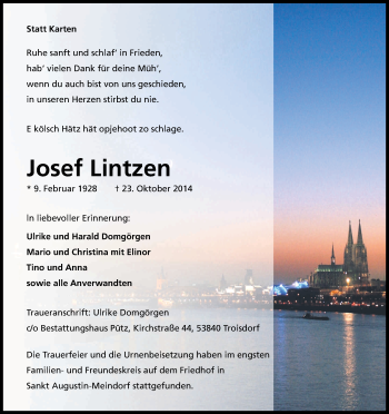 Anzeige von Josef Lintzen von Kölner Stadt-Anzeiger / Kölnische Rundschau / Express