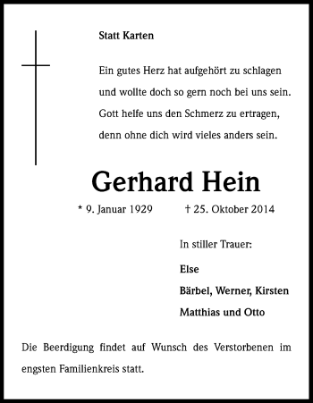 Anzeige von Gerhard Hein von Kölner Stadt-Anzeiger / Kölnische Rundschau / Express