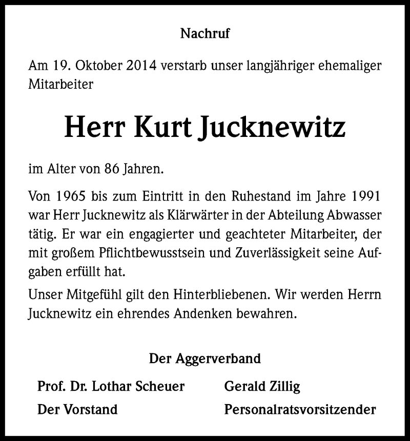  Traueranzeige für Kurt Jucknewitz vom 29.10.2014 aus Kölner Stadt-Anzeiger / Kölnische Rundschau / Express