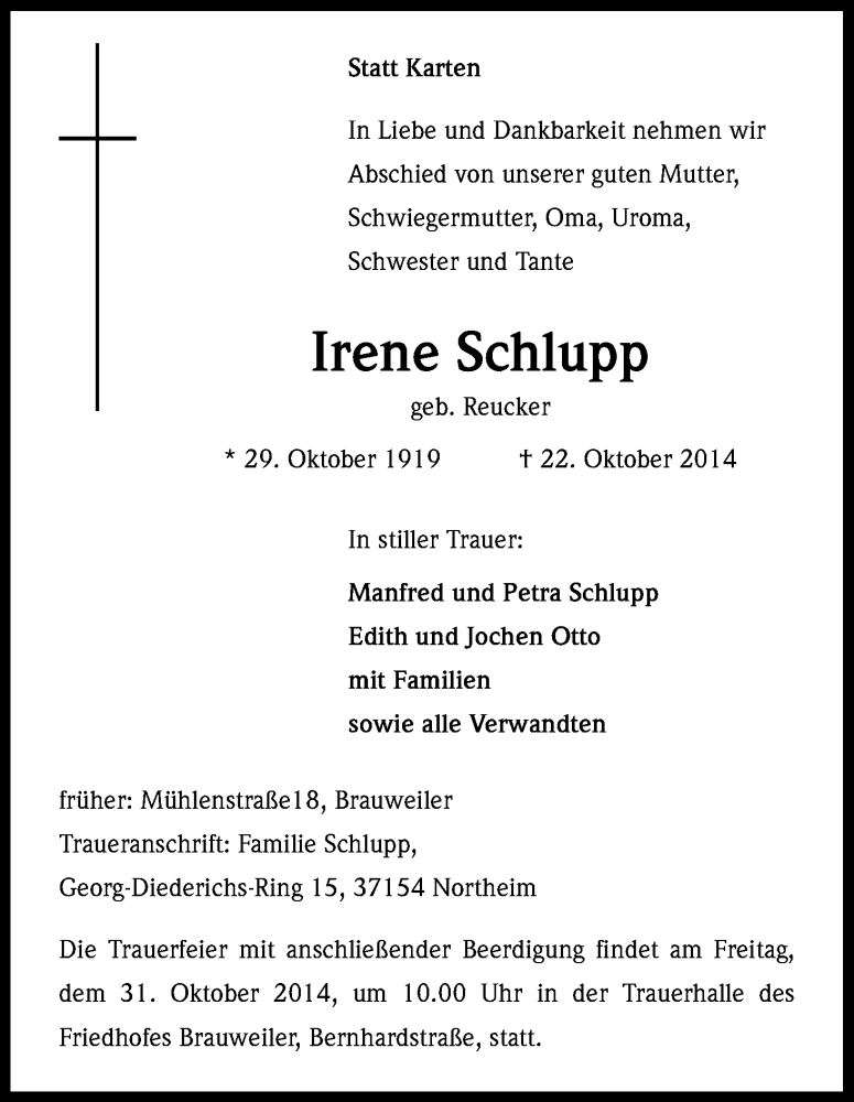  Traueranzeige für Irene Schlupp vom 29.10.2014 aus Kölner Stadt-Anzeiger / Kölnische Rundschau / Express