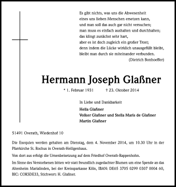 Anzeige von Hermann Joseph Glaßner von Kölner Stadt-Anzeiger / Kölnische Rundschau / Express