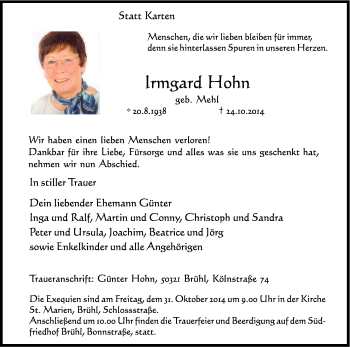 Anzeige von Irmgard Hohn von Kölner Stadt-Anzeiger / Kölnische Rundschau / Express