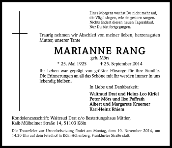 Anzeige von Marianne Rang von Kölner Stadt-Anzeiger / Kölnische Rundschau / Express