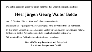 Anzeige von Jürgen Georg Walter Belde von Kölner Stadt-Anzeiger / Kölnische Rundschau / Express