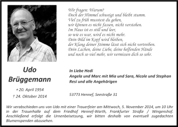 Anzeige von Udo Brüggemann von Kölner Stadt-Anzeiger / Kölnische Rundschau / Express