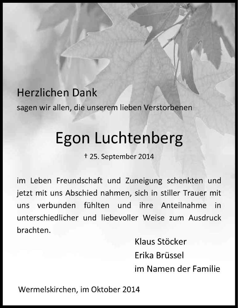  Traueranzeige für Egon Luchtenberg vom 31.10.2014 aus Kölner Stadt-Anzeiger / Kölnische Rundschau / Express