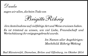 Anzeige von Brigitte Röhrig von Kölner Stadt-Anzeiger / Kölnische Rundschau / Express