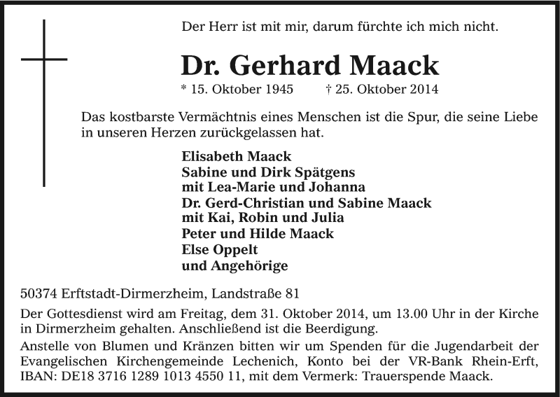  Traueranzeige für Gerhard Maack vom 29.10.2014 aus Kölner Stadt-Anzeiger / Kölnische Rundschau / Express