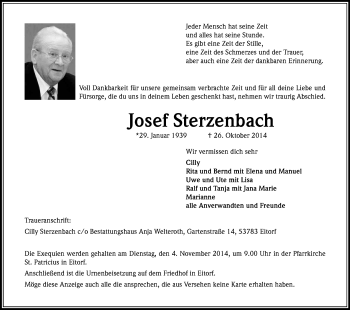 Anzeige von Josef Sterzenbach von Kölner Stadt-Anzeiger / Kölnische Rundschau / Express