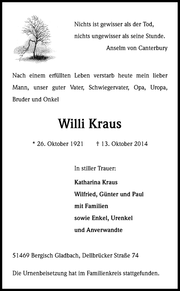  Traueranzeige für Willi Kraus vom 01.11.2014 aus Kölner Stadt-Anzeiger / Kölnische Rundschau / Express