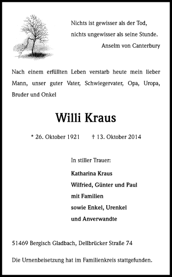 Anzeige von Willi Kraus von Kölner Stadt-Anzeiger / Kölnische Rundschau / Express