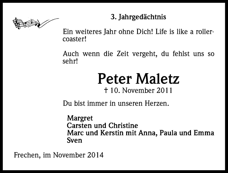 Traueranzeige für Peter Maletz vom 10.11.2014 aus Kölner Stadt-Anzeiger / Kölnische Rundschau / Express