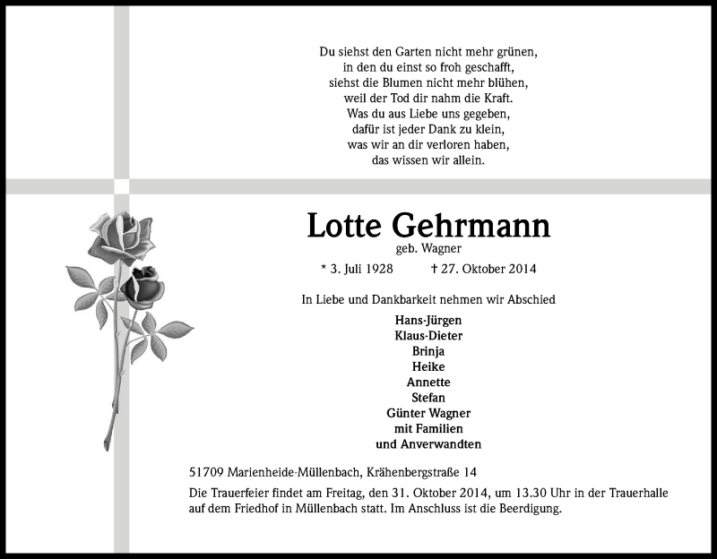  Traueranzeige für Lotte Gehrmann vom 29.10.2014 aus Kölner Stadt-Anzeiger / Kölnische Rundschau / Express