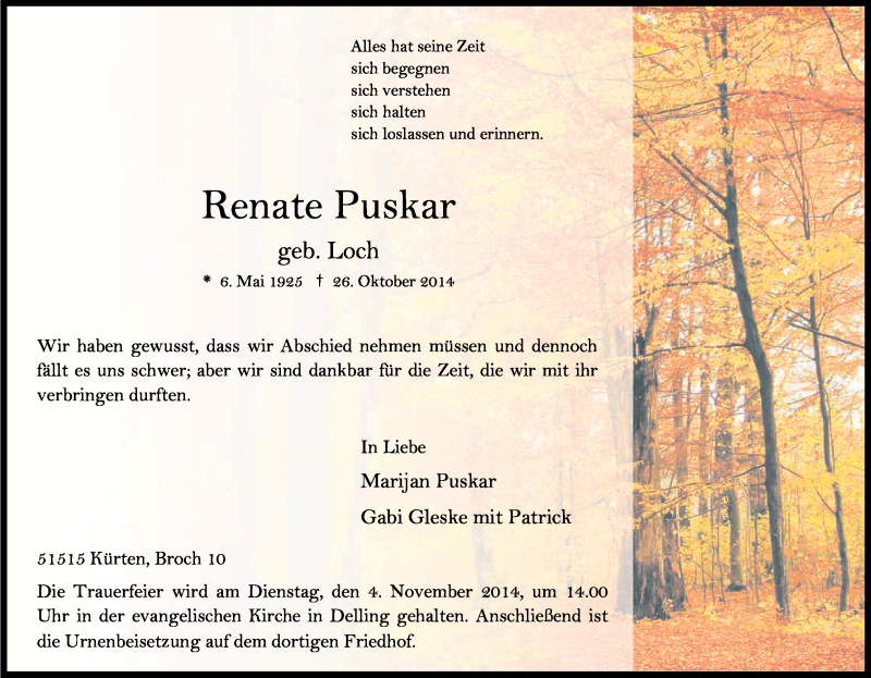 Traueranzeige für Renate Puskar vom 29.10.2014 aus Kölner Stadt-Anzeiger / Kölnische Rundschau / Express