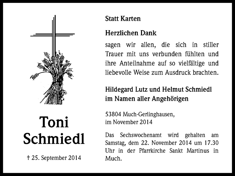  Traueranzeige für Toni Schmiedl vom 01.11.2014 aus Kölner Stadt-Anzeiger / Kölnische Rundschau / Express