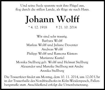 Anzeige von Johann Wolff von Kölner Stadt-Anzeiger / Kölnische Rundschau / Express