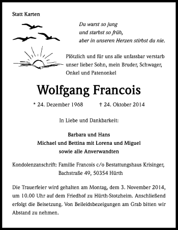 Anzeige von Wolfgang Francois von Kölner Stadt-Anzeiger / Kölnische Rundschau / Express