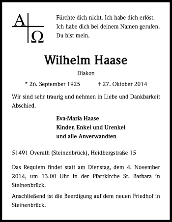 Anzeige von Wilhelm Haase von Kölner Stadt-Anzeiger / Kölnische Rundschau / Express