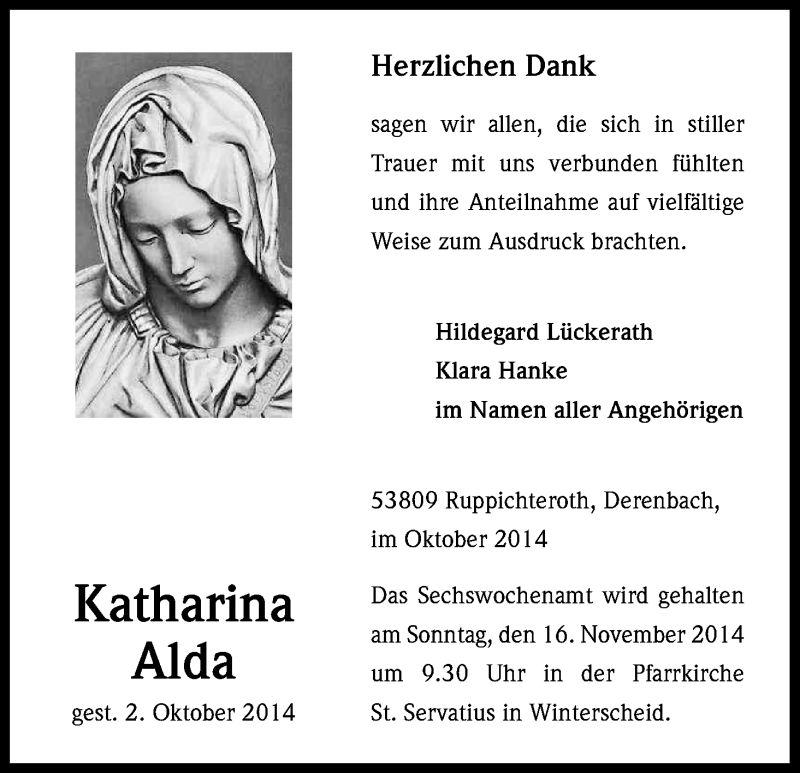  Traueranzeige für Katharina Alda vom 31.10.2014 aus Kölner Stadt-Anzeiger / Kölnische Rundschau / Express