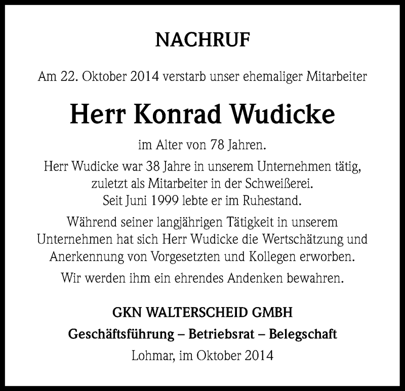  Traueranzeige für Konrad Wudicke vom 29.10.2014 aus Kölner Stadt-Anzeiger / Kölnische Rundschau / Express