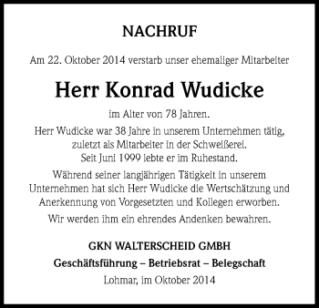 Anzeige von Konrad Wudicke von Kölner Stadt-Anzeiger / Kölnische Rundschau / Express