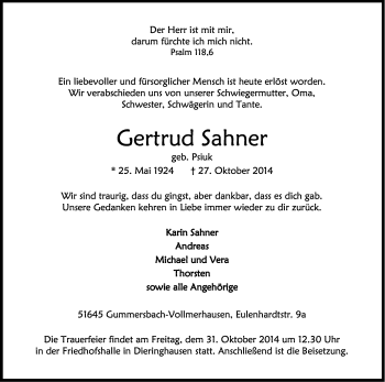 Anzeige von Gertrud Sahner von Kölner Stadt-Anzeiger / Kölnische Rundschau / Express