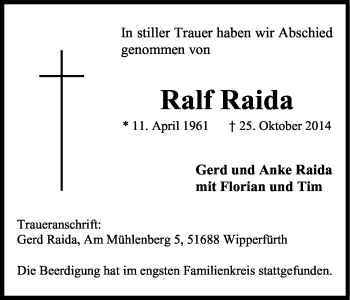 Anzeige von Ralf Raida von Kölner Stadt-Anzeiger / Kölnische Rundschau / Express