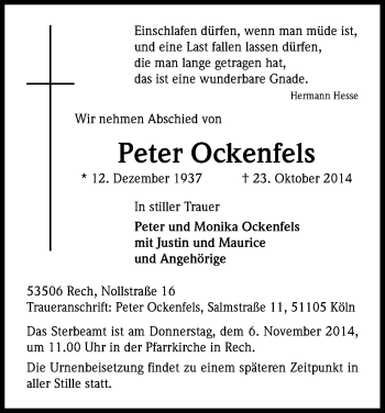 Anzeige von Peter Ockenfels von Kölner Stadt-Anzeiger / Kölnische Rundschau / Express