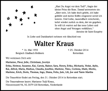 Anzeige von Walter Kraus von Kölner Stadt-Anzeiger / Kölnische Rundschau / Express