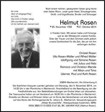 Anzeige von Helmut Rosen von Kölner Stadt-Anzeiger / Kölnische Rundschau / Express