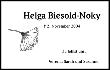 Anzeige von Helga Biesold-Noky von Kölner Stadt-Anzeiger / Kölnische Rundschau / Express