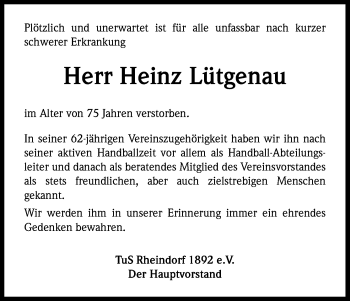 Anzeige von Heinz Lütgenau von Kölner Stadt-Anzeiger / Kölnische Rundschau / Express