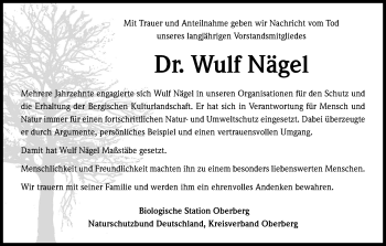 Anzeige von Wulf Nägel von Kölner Stadt-Anzeiger / Kölnische Rundschau / Express