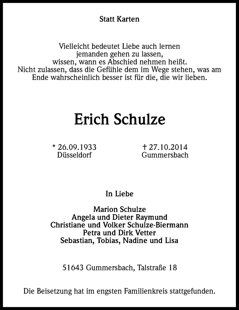  Traueranzeige für Erich Schulze vom 31.10.2014 aus Kölner Stadt-Anzeiger / Kölnische Rundschau / Express