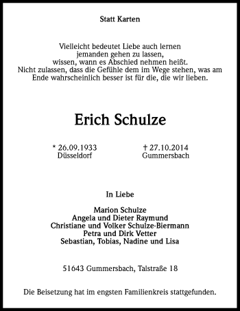 Anzeige von Erich Schulze von Kölner Stadt-Anzeiger / Kölnische Rundschau / Express