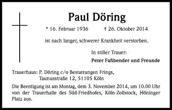 Anzeige von Paul Döring von Kölner Stadt-Anzeiger / Kölnische Rundschau / Express