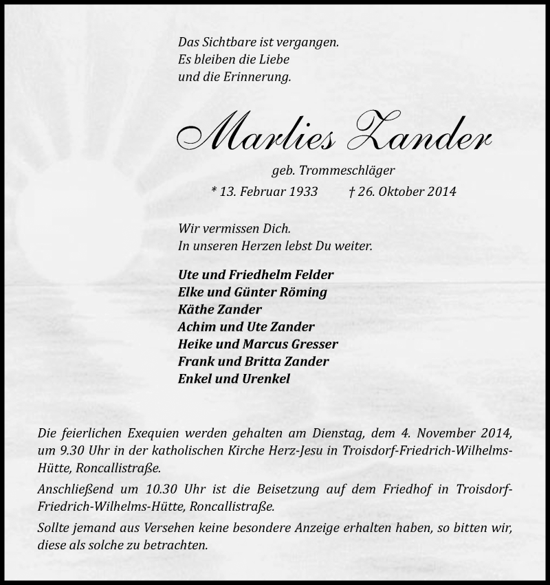  Traueranzeige für Marlies Zander vom 31.10.2014 aus Kölner Stadt-Anzeiger / Kölnische Rundschau / Express