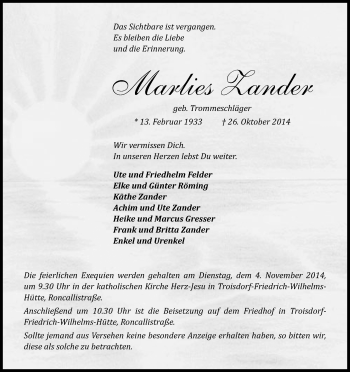 Anzeige von Marlies Zander von Kölner Stadt-Anzeiger / Kölnische Rundschau / Express
