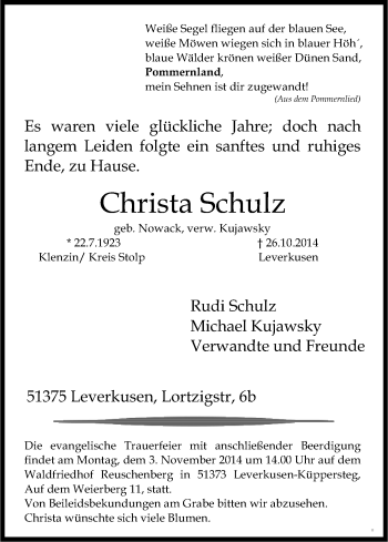 Anzeige von Christa Schulz von Kölner Stadt-Anzeiger / Kölnische Rundschau / Express