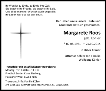 Anzeige von Margarete Roos von Kölner Stadt-Anzeiger / Kölnische Rundschau / Express