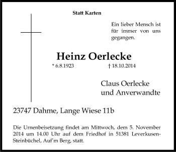 Anzeige von Heinz Oerlecke von Kölner Stadt-Anzeiger / Kölnische Rundschau / Express