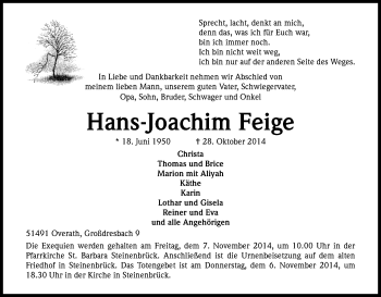 Anzeige von Hans-Joachim Feige von Kölner Stadt-Anzeiger / Kölnische Rundschau / Express