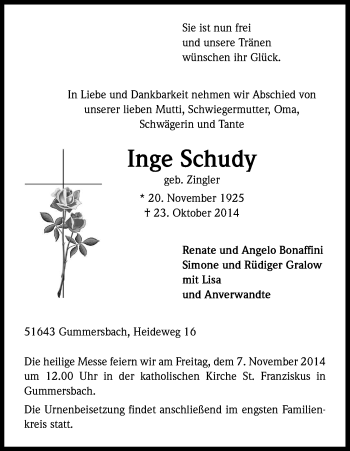 Anzeige von Inge Schudy von Kölner Stadt-Anzeiger / Kölnische Rundschau / Express