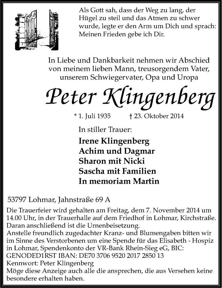  Traueranzeige für Peter Klingenberg vom 03.11.2014 aus Kölner Stadt-Anzeiger / Kölnische Rundschau / Express
