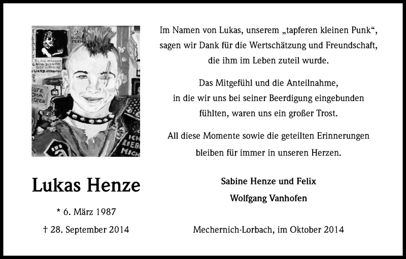  Traueranzeige für Lukas Henze vom 31.10.2014 aus Kölner Stadt-Anzeiger / Kölnische Rundschau / Express