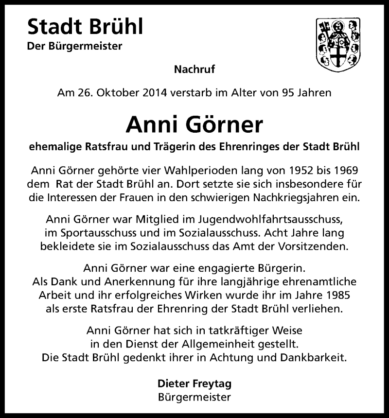  Traueranzeige für Anni Görner vom 30.10.2014 aus Kölner Stadt-Anzeiger / Kölnische Rundschau / Express